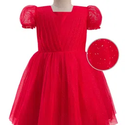 Pine Kids Woven Half Puffed Half Sleeves Pleated Glittery Party Dress - Red-picture-22