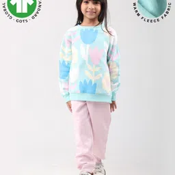 Anthrilo Fleece Knit Full Sleeves Floral Printed Winter Sweatshirt & Jogger Set - Aqua & Pink-picture-32