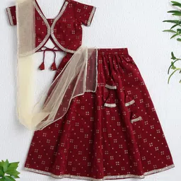 The Magic Wand Woven Half Sleeves Bandhani Printed & Gota Lace Embellished Lehenga Choli With Dupatta Set - Maroon-picture-17