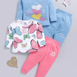 TOONYPORT Cotton Blend Knit Pack of 2 Full Sleeves Butterfly & Heart Printed Winter Sweatshirt With Pant Sets - Blue & Pink-picture-27