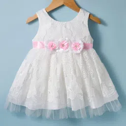 Babyhug Woven Sleeveless Mesh Party Dress With Lace Detailing & Floral Applique - White image 2