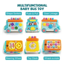 SANJARY Music Activity Bus Baby Toy, Infant Education Learn Car, Sound & Light, Interactive Game, Shape Sorter, Animal Matching Bus Color Design May Vary image 2