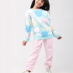 Anthrilo Fleece Knit Full Sleeves Floral Printed Winter Sweatshirt & Jogger Set - Aqua & Pink image 5