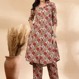 Pistaa Floral Printed Shirt Collar Pure Cotton High-Low A-Line Kurta With Trouser-picture-28