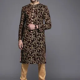 Manyavar Men Maroon & Beige Floral Embroidered Sherwani and Churidar Set image 4