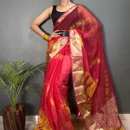 LeeliPeeri Designer Tie and Dye Zari Organza Kanjeevaram Saree image 3