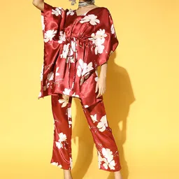 PANIT Women Maroon & White Floral Printed Kaftan Kurta with Trousers image 1