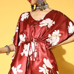 PANIT Women Maroon & White Floral Printed Kaftan Kurta with Trousers image 2