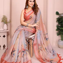 PRISHIL ENTERPRISE Floral Pure Linen Saree image 3