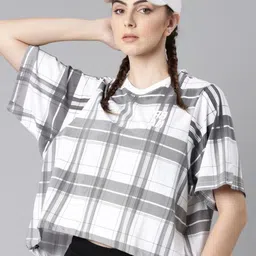 Xtep Women Checked Drop-Shoulder Sleeves Monochrome Pure Cotton Pockets T-shirt-image-54