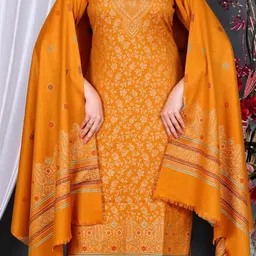 weavers villa Women Acro Wool Antique Floral Pattern Suit (Unstitched) Dress Material with Stole, 9 Meters Fabric, Mustard image 4