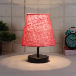 Devansh Pink Jute Round Wood Black Table Lamp image 1