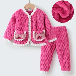 Kookie Kids Winter Wear Full Sleeves Night Suit with Bow Applique - Fushcia-picture-21