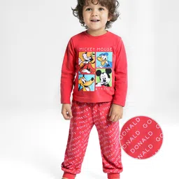 Babyhug Disney Single Jersey Knit Full Sleeves Night Suit with Mickey Mouse Graphics - Red-picture-23