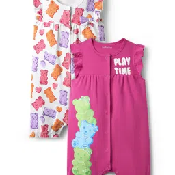Babyoye 100% Cotton Knit With Eco- Jiva Finish Frill Sleeves Teddy Bear Printed Rompers Pack of 2 - White & Pink-picture-38