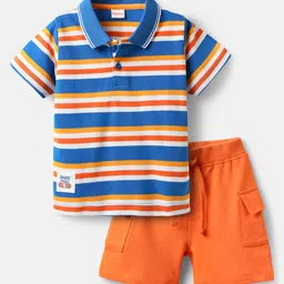 Babyhug Single Jersey Knit Half Sleeves Polo T-Shirt & Shorts Set with Stripes - Orange & Blue-picture-19