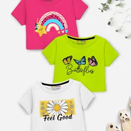 Trampoline Cotton Blend Pack Of 3 Half Sleeves Butterfly & Rainbow Printed Crop Tops - Multi Colour-picture-11