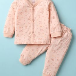 Simply Sinker Knit Full Sleeves Co-Ord Night Suit With Dino Print - Peach-picture-38