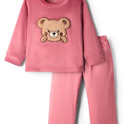 Kanvin Fleece Knit Full Sleeves Antipilling Winter Night Suit with Bear Embroidery Patch - Pink-picture-43