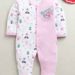BUMZEE Cotton Knit Full Sleeves Jungle Theme Printed Footed Sleep Suit - White & Pink-picture-35