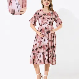 Quira Cotton Blend Woven Half Bell Sleeves Floral Printed Maternity Dress With Side Zipper Nursing Access - Pink-picture-42