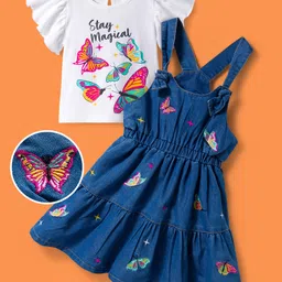 OLLINGTON ST. Cotton Half Sleeves Inner Top & Denim Pinafore with Butterfly Embroidery - White & Blue-picture-23