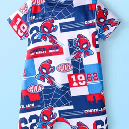 Babyhug Marvel Interlock Knit Half Sleeves Romper with Spiderman Print & Collar Detailing - Red Blue & White image 2