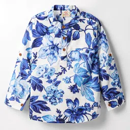 Rikidoos Full Sleeves Floral Printed Kurta Style Shirt - White & Blue image 2