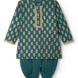 EARTHY TOUCH Single Jersey Knit Full Sleeves Kurta Dhoti Set with Floral Print - Teal Blue image 2