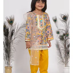 Little Bansi Full Sleeves Floral Print Kurta With Salwar & Dupatta - Yellow image 4
