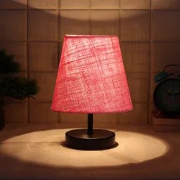 Devansh Pink Jute Round Wood Black Table Lamp image 3