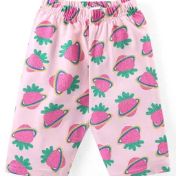Babyhug Cotton Knit Flutter Sleeves Capri Night Suit With Strawberry Print - Pink image 4