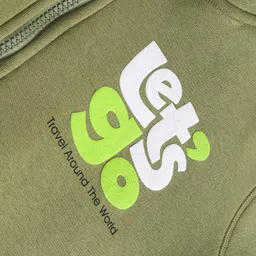 Doreme Fleece Knit Full Sleeves Hooded Sweat Jacket With Text Print - Olive Green image 4