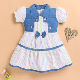 LACKii DOLL Girls Striped Puff Sleeve Denim Fit & Flare Dress-picture-18