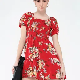 SHOWOFF Women Floral Print Puff Sleeve Crepe Fit & Flare Mini Dress-image-64