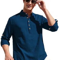 BHUVIKOO Band Collar Roll-Up Sleeves Straight Short Kurta-picture-41