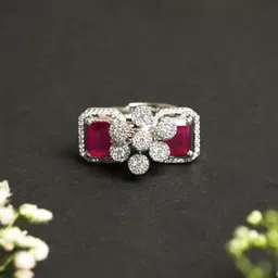 CAO Jewellery American Diamond Studded Floral Shaped Finger Ring image 2