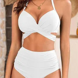 Women Fuzzy Women Solid Padded Criss-Cross Halter Neck Swim Bikini Set-picture-25