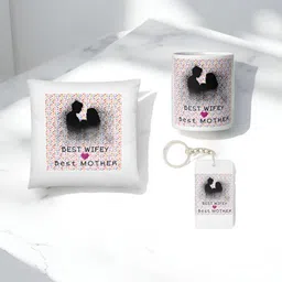 Anikmart 3-Pieces White & Black Printed Cushion With Mug And Key Chain image 2