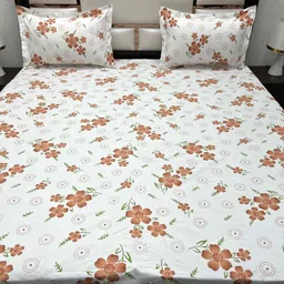 Pure Decor Orange & White Floral Queen Bedsheet with 2 Pillow Covers image 2