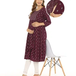 Bella Mama Three Fourth Sleeves Yoke Embroidered Maternity Kurta - Purple-picture-24