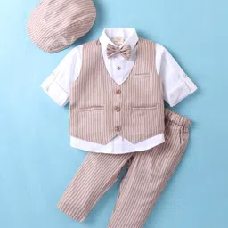 Rikidoos Full Sleeves Checked 3 Piece Party Suit With Bow  Cap - Beige & White-picture-24