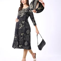 Bella Mama Woven Three Fourth Sleeves Floral Printed & Embroidered Yoke  Maternity Kurta with Pocket - Black-picture-3
