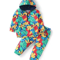 Babyhug Terry Knit Full Sleeves Hooded Sweatshirt & Joggers Set with Tropical Print - Sea Green & Blue-picture-10
