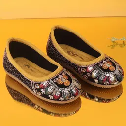SHOES FOR JUNIORS Floral Embroidered & Sequins Embellished Ballerinas - Mustard-image-89