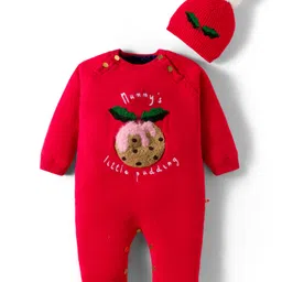 Yellow Apple Viscose Knit Full Sleeves Romper With Fruit Embroidery & Cap - Red-picture-20