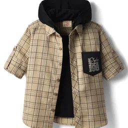 Rikidoos Full Sleeves Checked Shirt With Attached Solid Hooded Tee - Khaki & Black-picture-13