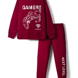 Primo Gino 100% Cotton Knit Full Sleeves Night Suit With Text Print - Maroon-picture-21