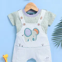 Jb Club Cotton Knit Striped & Elephant Embroidered Dungaree With Half Sleeves Tee - Green-image-53