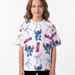 Primo Gino Disney Terry Knit Drop Shoulder Half Sleeves T-Shirt with Stitch Print - White-picture-21